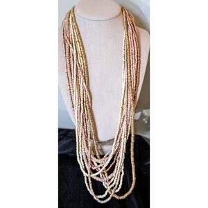 Vintage Twelve Strand Guilded Wood Bead Necklace W/ Hook Clasp